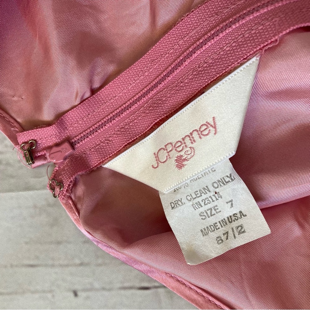 Vintage JCPenney Girls Dress Sz 7 Shiny Pink Satin Lace Long Sleeve USA Flaws - Picture 5 of 12